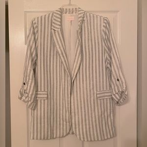 Sage green and white striped button tab blazer